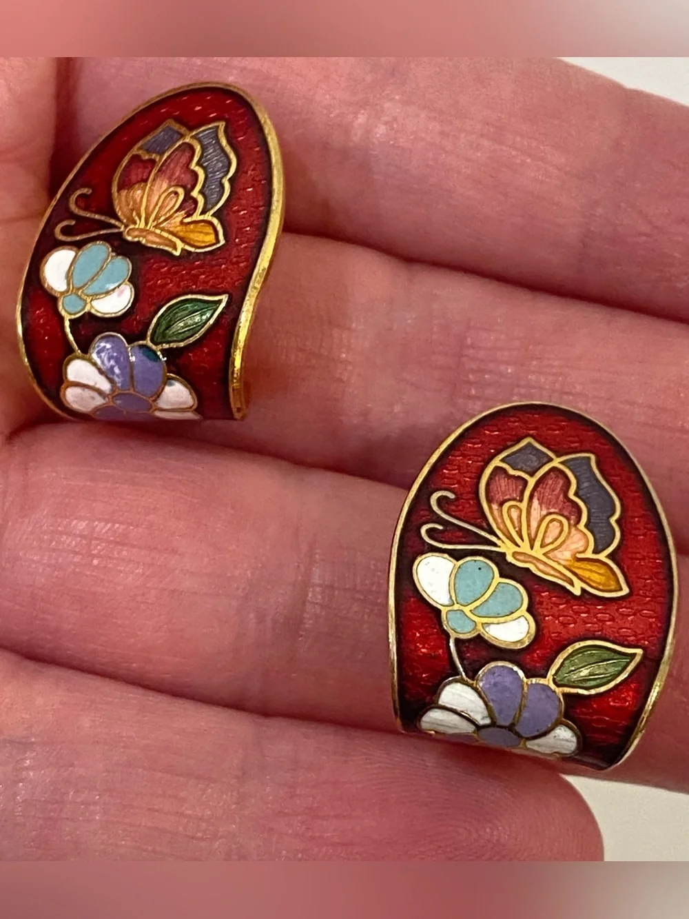 Vintage Cloisonne Enamel Floral Earrings Butterfly Red Gold Tone J Hoop Post